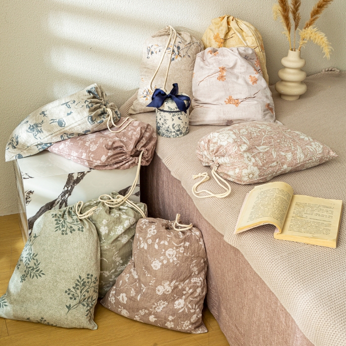 七里香 2025秋冬新品A类加厚高克重原麻复古风亚麻皱皱纱印花四件套 布袋装组合图