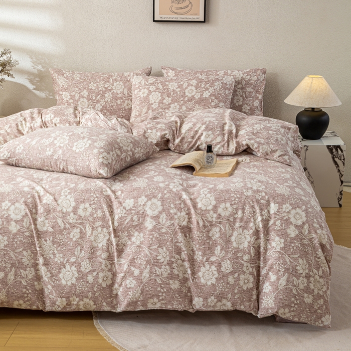 91家纺网 家纺一手货源 找家纺 七里香 2025秋冬新品A类加厚高克重原麻复古风亚麻皱皱纱印花四件套 粉黛