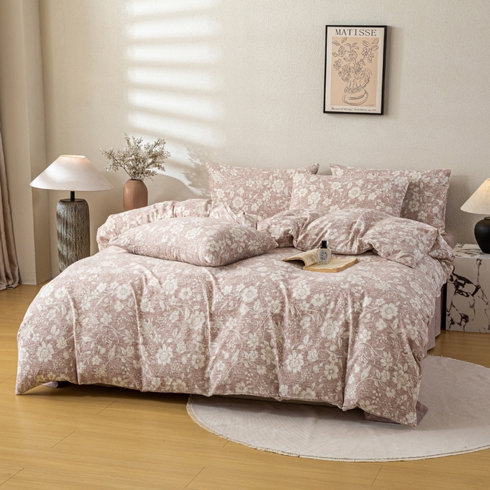 91家纺网 家纺一手货源 找家纺 七里香 2025秋冬新品A类加厚高克重原麻复古风亚麻皱皱纱印花四件套 粉黛