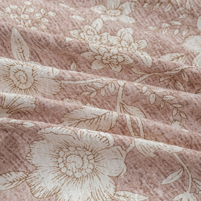 91家纺网 家纺一手货源 找家纺 七里香 2025秋冬新品A类加厚高克重原麻复古风亚麻皱皱纱印花四件套 粉黛