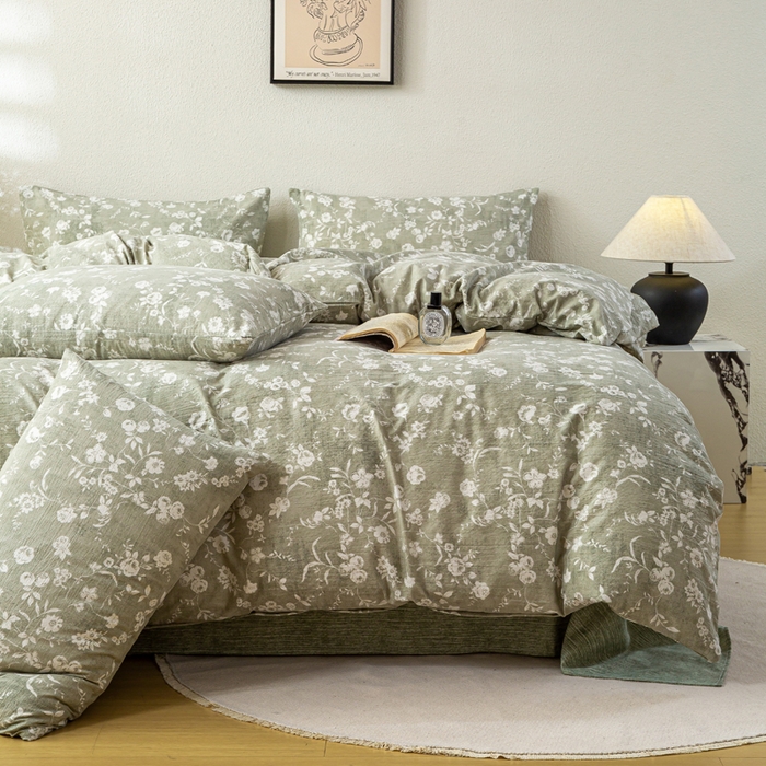 七里香 2025秋冬新品A类加厚高克重原麻复古风亚麻皱皱纱印花四件套 花蕾-绿