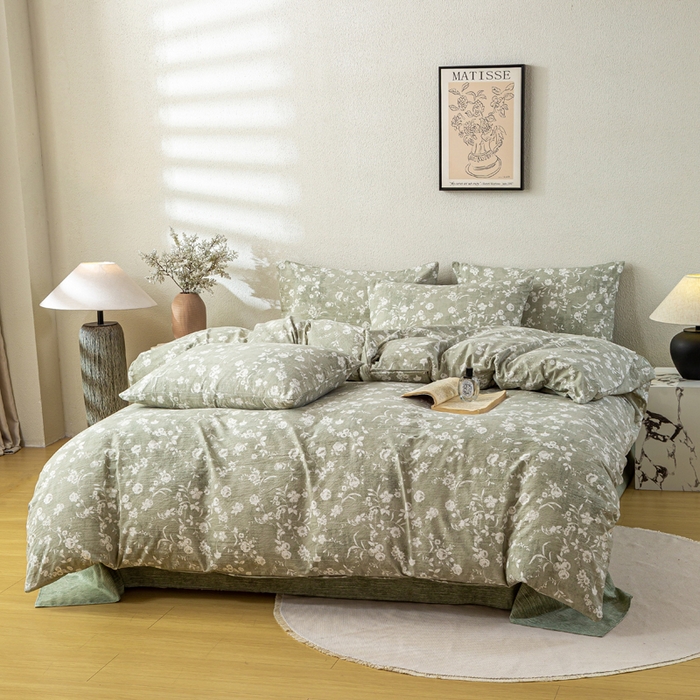 91家纺网 家纺一手货源 找家纺 七里香 2025秋冬新品A类加厚高克重原麻复古风亚麻皱皱纱印花四件套 花蕾-绿