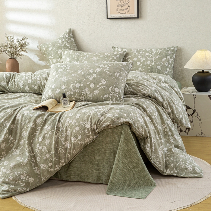 91家纺网 家纺一手货源 找家纺 七里香 2025秋冬新品A类加厚高克重原麻复古风亚麻皱皱纱印花四件套 花蕾-绿