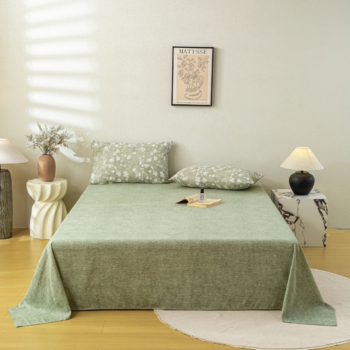 91家纺网 家纺一手货源 找家纺 七里香 2025秋冬新品A类加厚高克重原麻复古风亚麻皱皱纱印花四件套 花蕾-绿