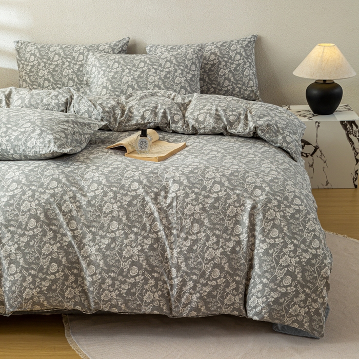 91家纺网 家纺一手货源 找家纺 七里香 2025秋冬新品A类加厚高克重原麻复古风亚麻皱皱纱印花四件套 锦簇