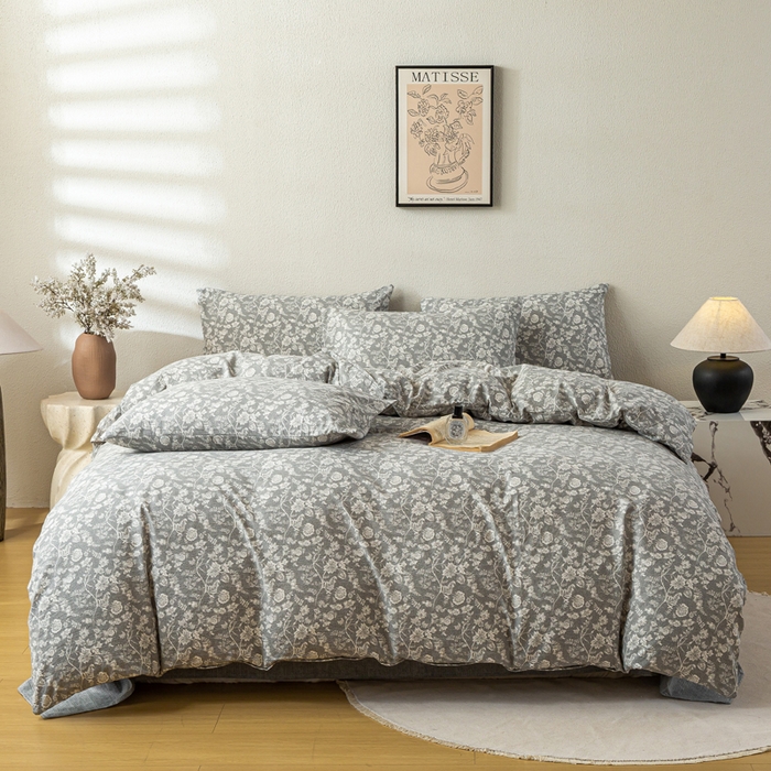 91家纺网 家纺一手货源 找家纺 七里香 2025秋冬新品A类加厚高克重原麻复古风亚麻皱皱纱印花四件套 锦簇