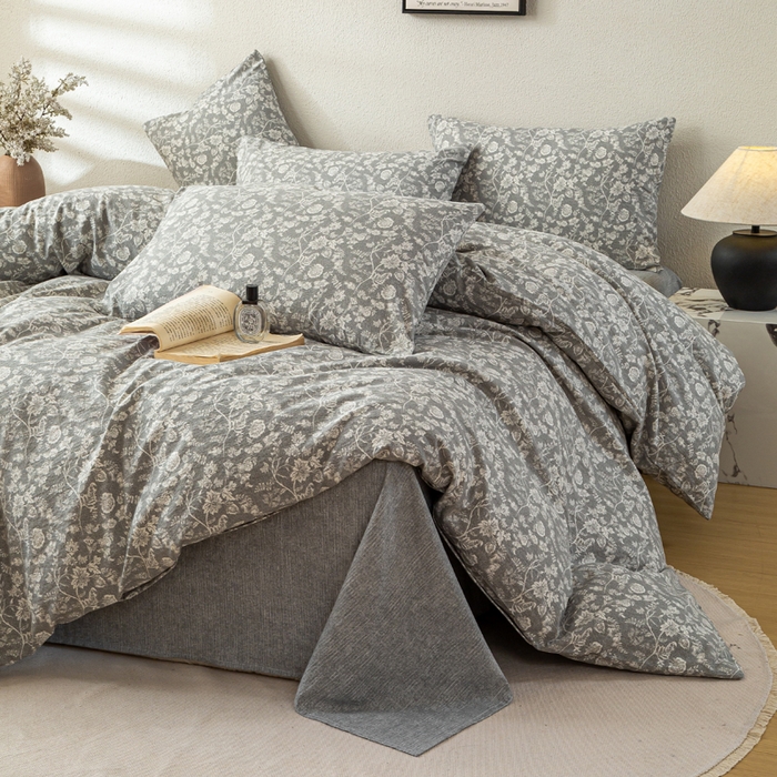 91家纺网 家纺一手货源 找家纺 七里香 2025秋冬新品A类加厚高克重原麻复古风亚麻皱皱纱印花四件套 锦簇