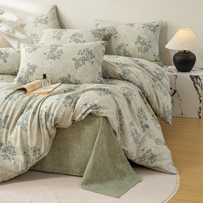 91家纺网 家纺一手货源 找家纺 七里香 2025秋冬新品A类加厚高克重原麻复古风亚麻皱皱纱印花四件套 盛夏