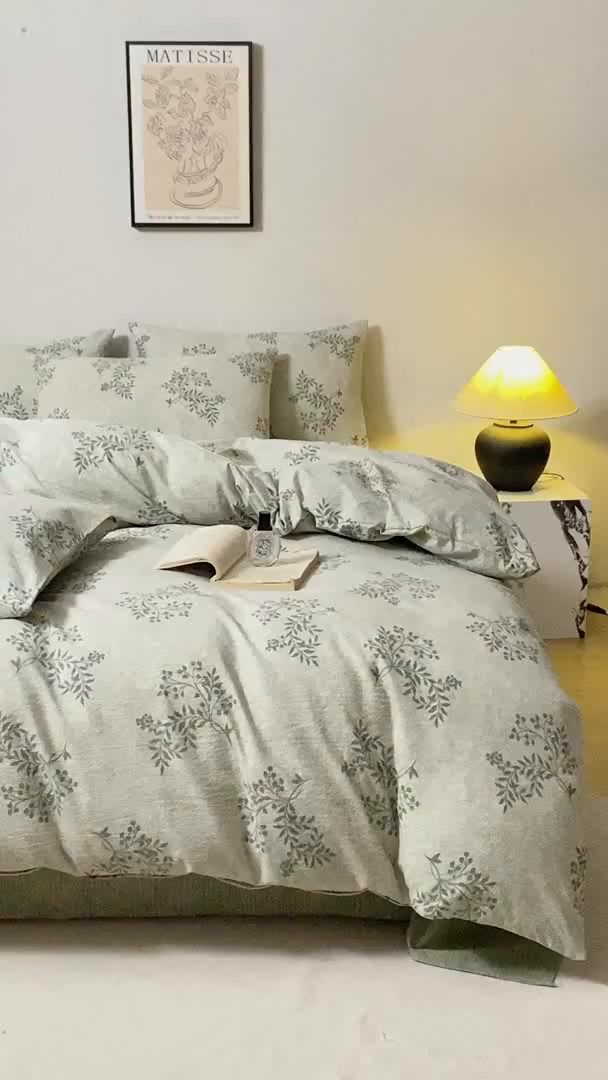 91家纺网 家纺一手货源 找家纺 七里香 2025秋冬新品A类加厚高克重原麻复古风亚麻皱皱纱印花四件套 盛夏