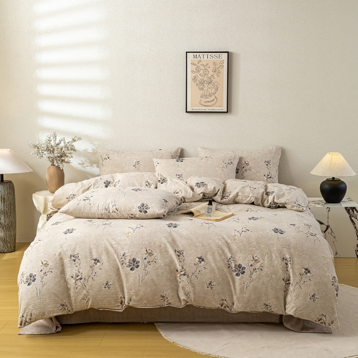 91家纺网 家纺一手货源 找家纺 七里香 2025秋冬新品A类加厚高克重原麻复古风亚麻皱皱纱印花四件套 素锦