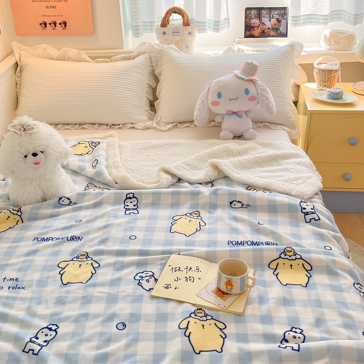 91家纺网 家纺一手货源 找家纺 金爱家 2025新款A类三丽鸥正版授权少女可爱卡通加厚牛奶绒羊羔绒毛毯多功能四季毛毯毯子 绒毛毯-MT三丽鸥蓝格布丁狗