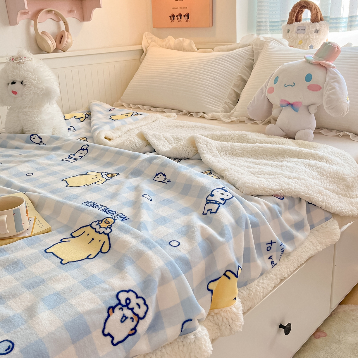 91家纺网 家纺一手货源 找家纺 金爱家 2025新款A类三丽鸥正版授权少女可爱卡通加厚牛奶绒羊羔绒毛毯多功能四季毛毯毯子 绒毛毯-MT三丽鸥蓝格布丁狗