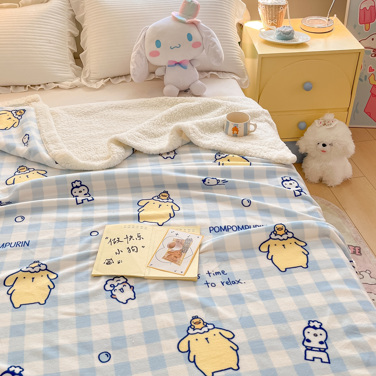 91家纺网 家纺一手货源 找家纺 金爱家 2025新款A类三丽鸥正版授权少女可爱卡通加厚牛奶绒羊羔绒毛毯多功能四季毛毯毯子 绒毛毯-MT三丽鸥蓝格布丁狗