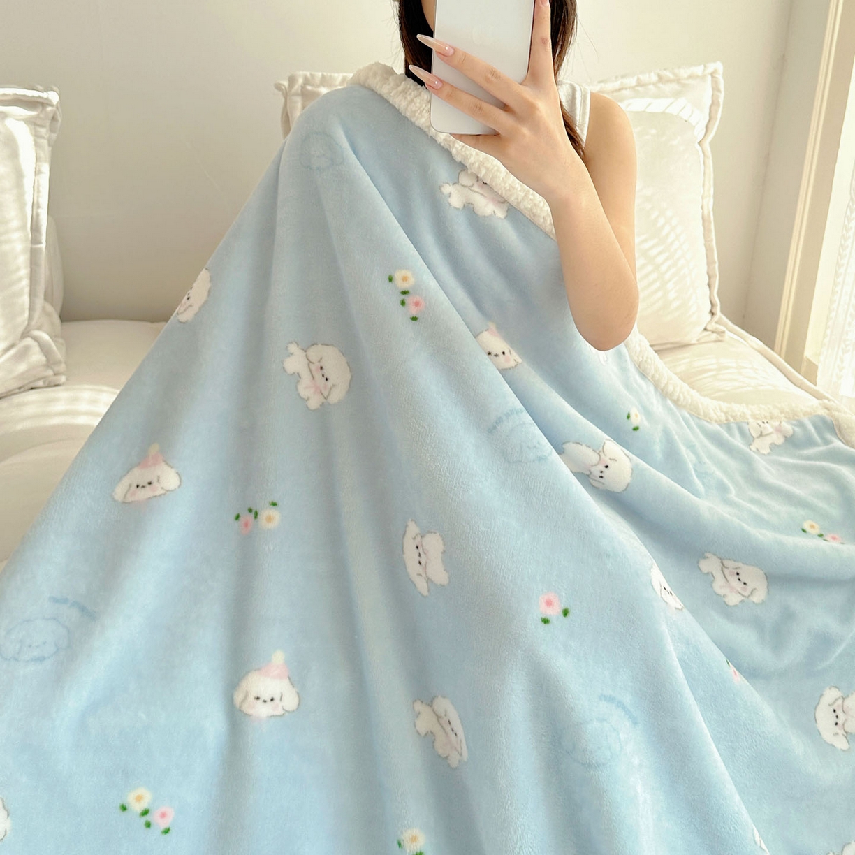 91家纺网 家纺一手货源 找家纺 美乐迪  2025新款牛奶绒羊羔绒毛毯 蓝色小狗