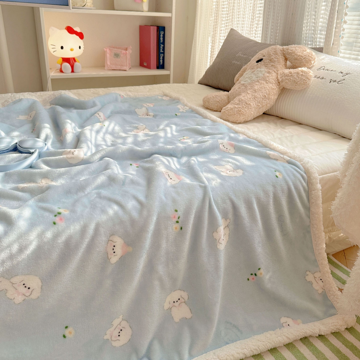 91家纺网 家纺一手货源 找家纺 美乐迪  2025新款牛奶绒羊羔绒毛毯 蓝色小狗