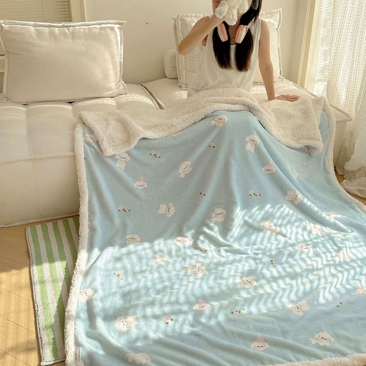 91家纺网 家纺一手货源 找家纺 美乐迪  2025新款牛奶绒羊羔绒毛毯 蓝色小狗