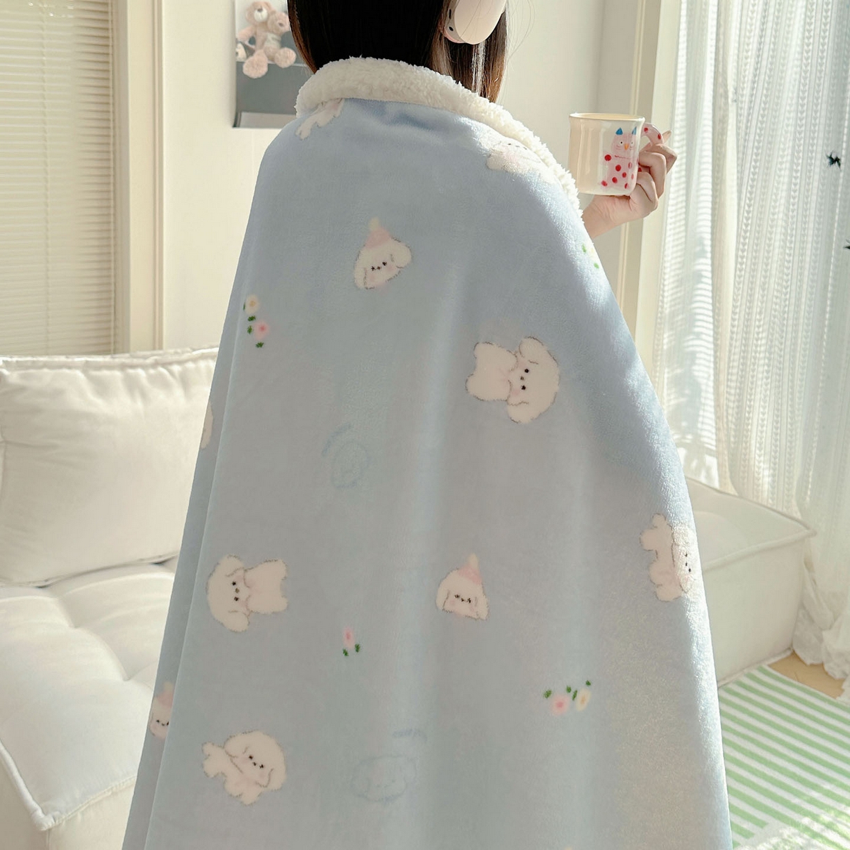 91家纺网 家纺一手货源 找家纺 美乐迪  2025新款牛奶绒羊羔绒毛毯 蓝色小狗