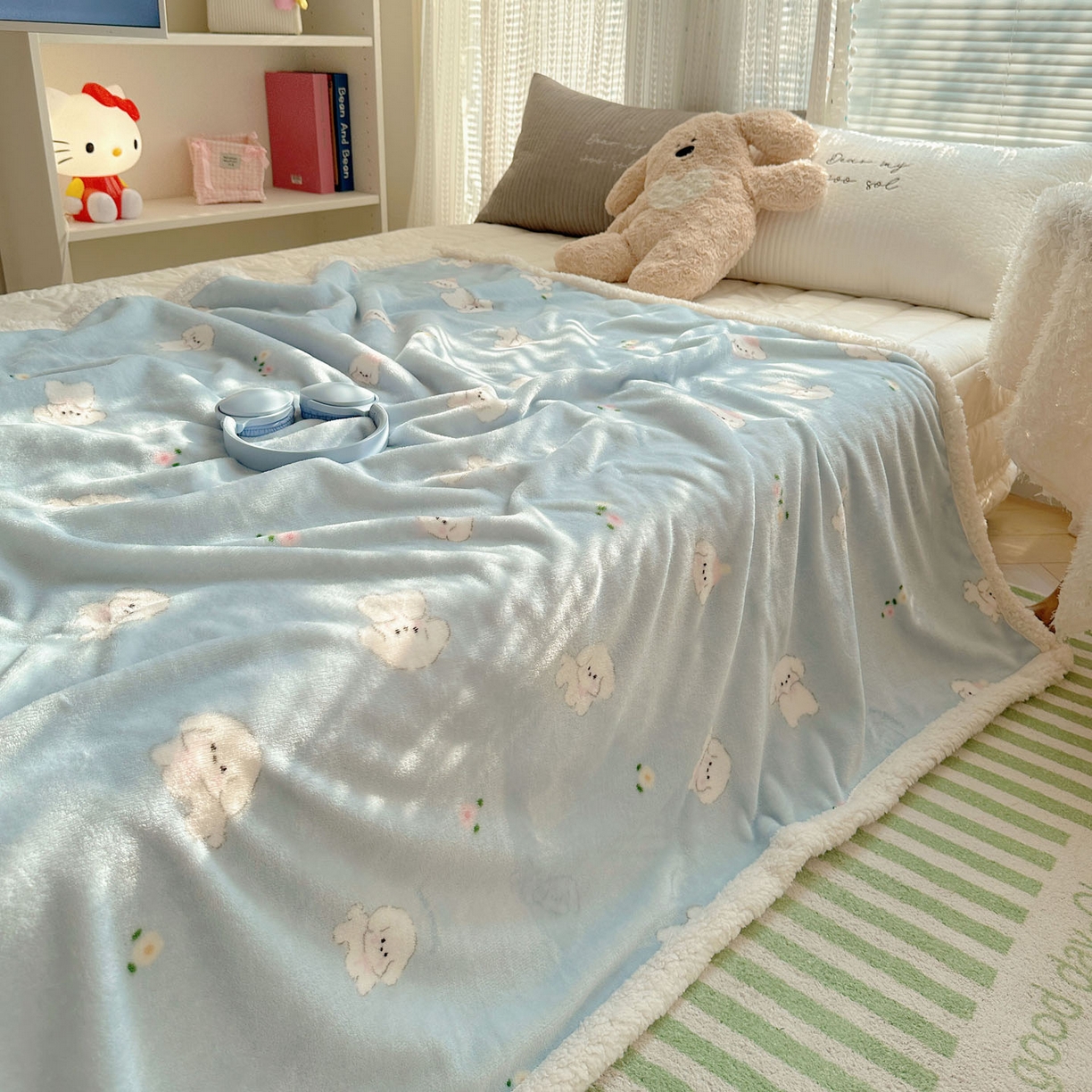 91家纺网 家纺一手货源 找家纺 美乐迪  2025新款牛奶绒羊羔绒毛毯 蓝色小狗