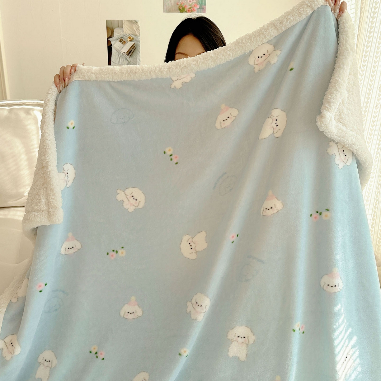 91家纺网 家纺一手货源 找家纺 美乐迪  2025新款牛奶绒羊羔绒毛毯 蓝色小狗