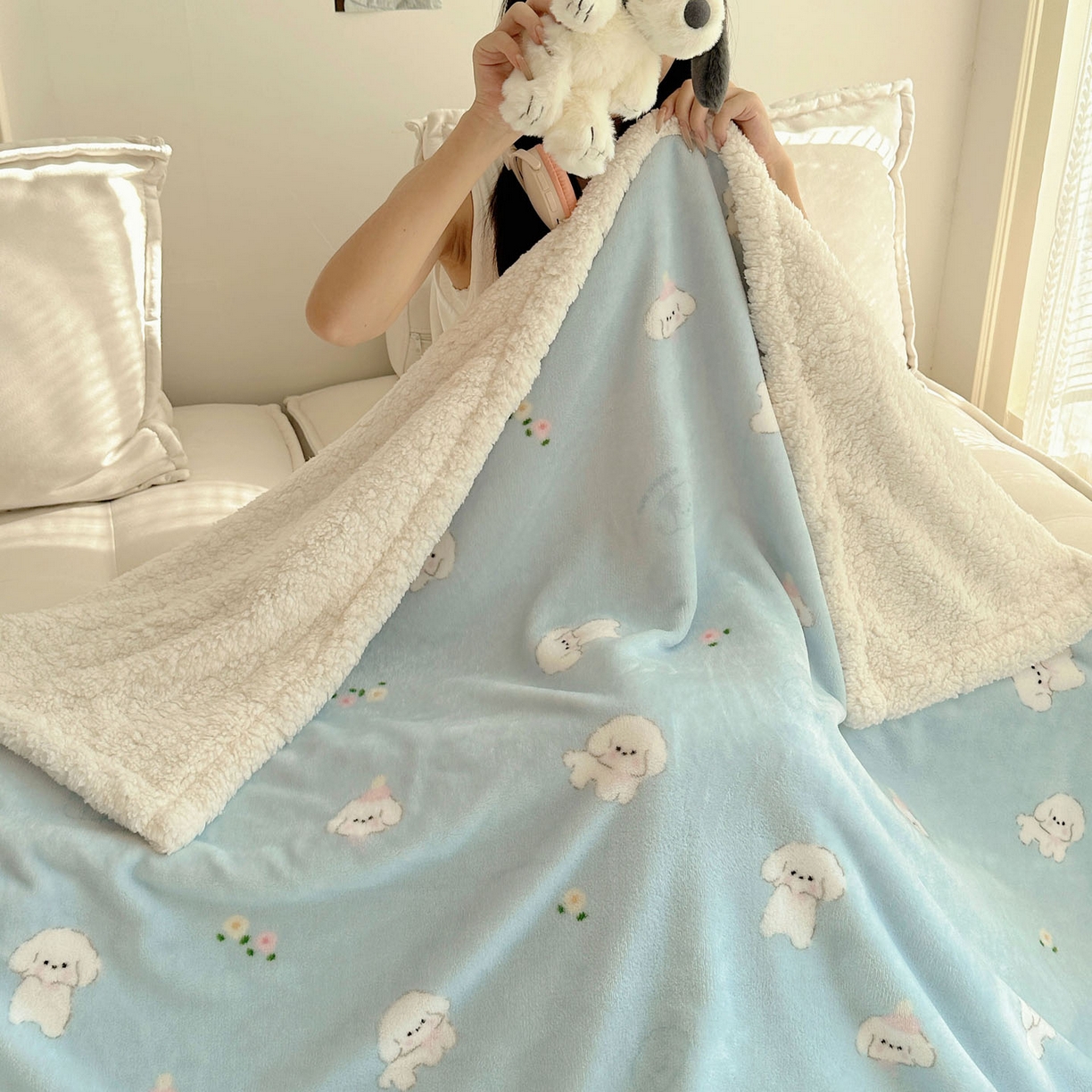 91家纺网 家纺一手货源 找家纺 美乐迪  2025新款牛奶绒羊羔绒毛毯 蓝色小狗