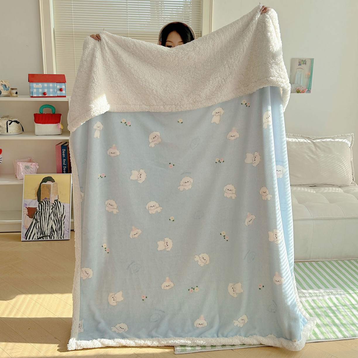 91家纺网 家纺一手货源 找家纺 美乐迪  2025新款牛奶绒羊羔绒毛毯 蓝色小狗