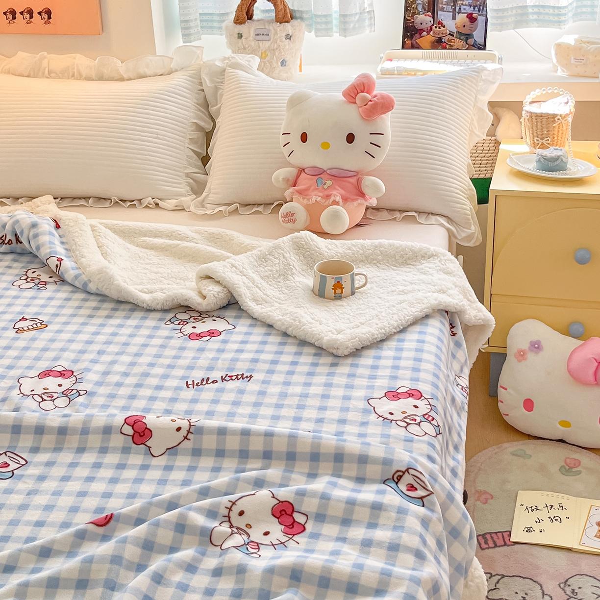 91家纺网 家纺一手货源 找家纺 金爱家 2025新款A类三丽鸥正版授权少女可爱卡通加厚牛奶绒羊羔绒毛毯多功能四季毛毯毯子 绒毛毯-MT三丽鸥蓝格牛奶KT