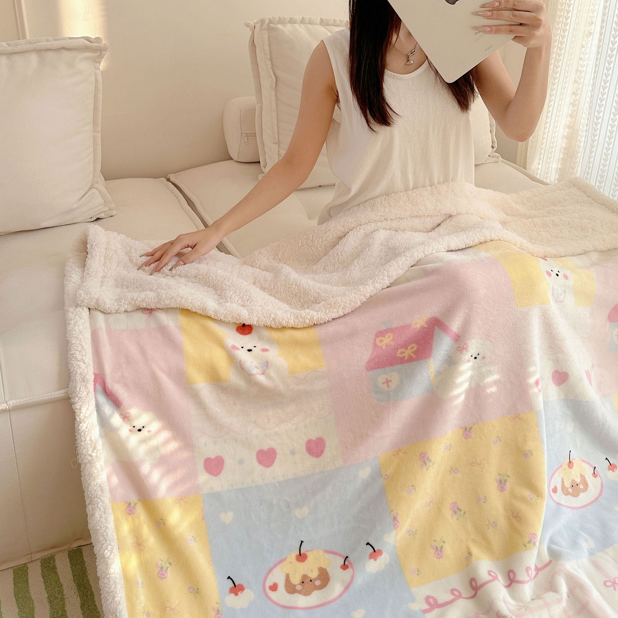 91家纺网 家纺一手货源 找家纺 美乐迪  2025新款牛奶绒羊羔绒毛毯 拼接小狗