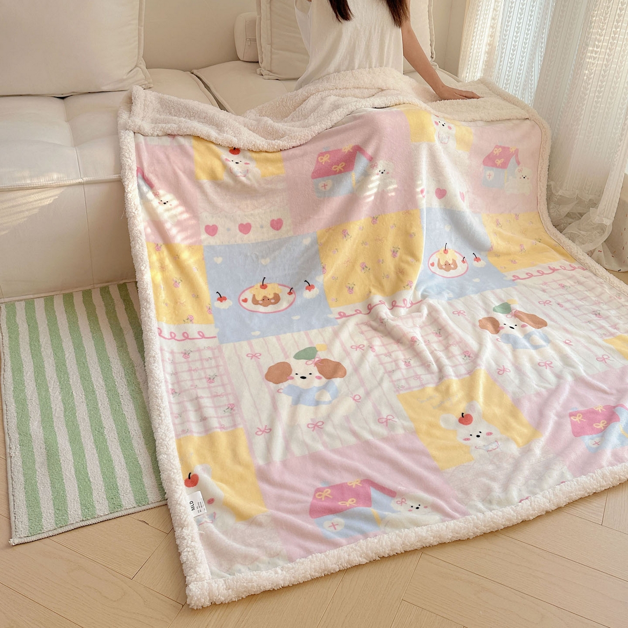 91家纺网 家纺一手货源 找家纺 美乐迪  2025新款牛奶绒羊羔绒毛毯 拼接小狗