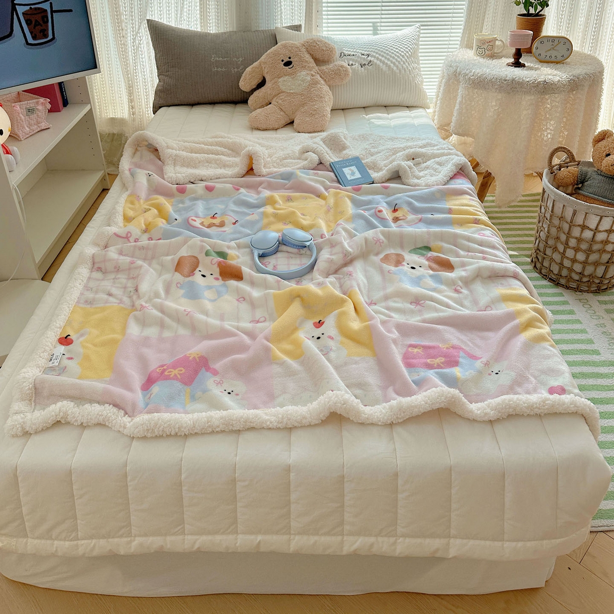 美乐迪  2025新款牛奶绒羊羔绒毛毯 拼接小狗