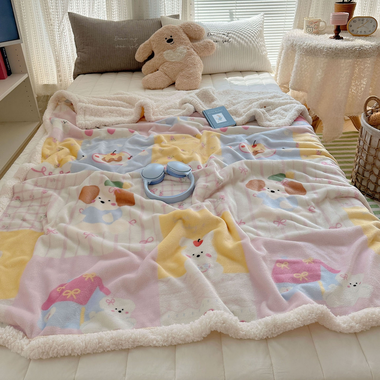 91家纺网 家纺一手货源 找家纺 美乐迪  2025新款牛奶绒羊羔绒毛毯 拼接小狗