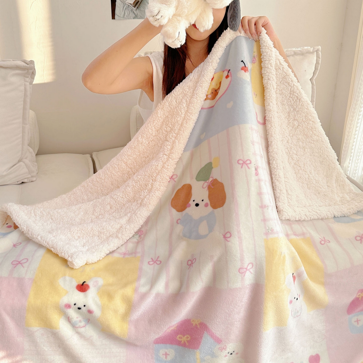 91家纺网 家纺一手货源 找家纺 美乐迪  2025新款牛奶绒羊羔绒毛毯 拼接小狗