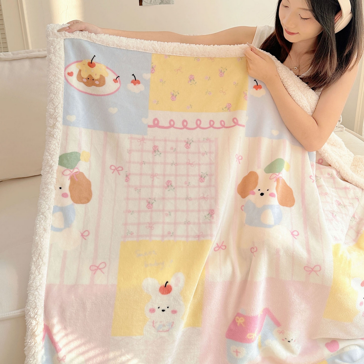 91家纺网 家纺一手货源 找家纺 美乐迪  2025新款牛奶绒羊羔绒毛毯 拼接小狗