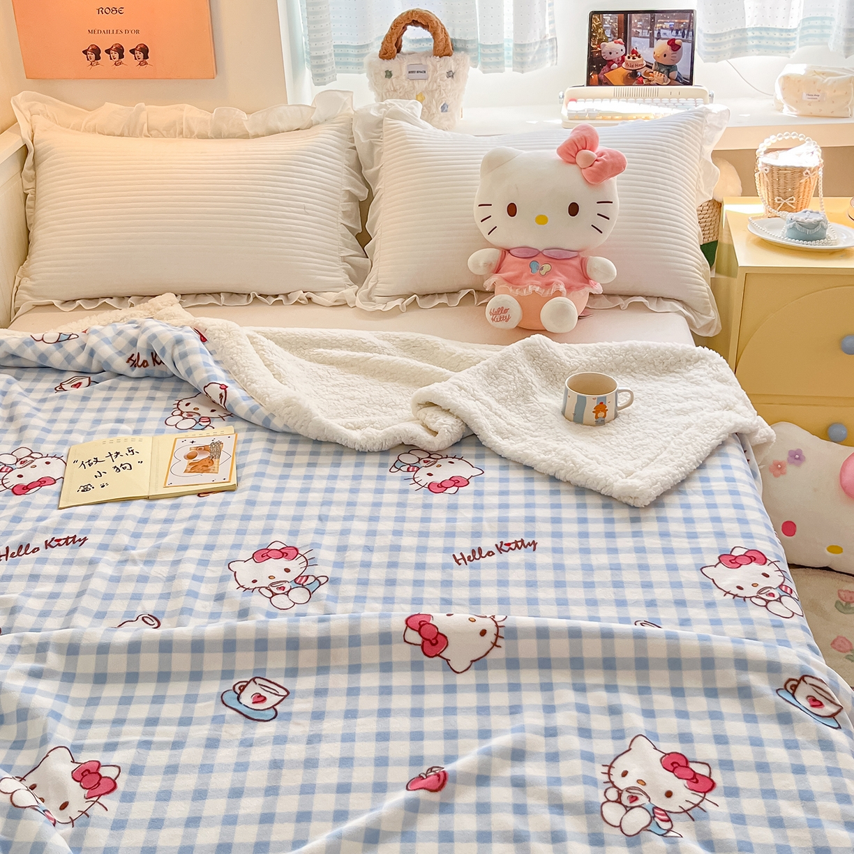 91家纺网 家纺一手货源 找家纺 金爱家 2025新款A类三丽鸥正版授权少女可爱卡通加厚牛奶绒羊羔绒毛毯多功能四季毛毯毯子 绒毛毯-MT三丽鸥蓝格牛奶KT