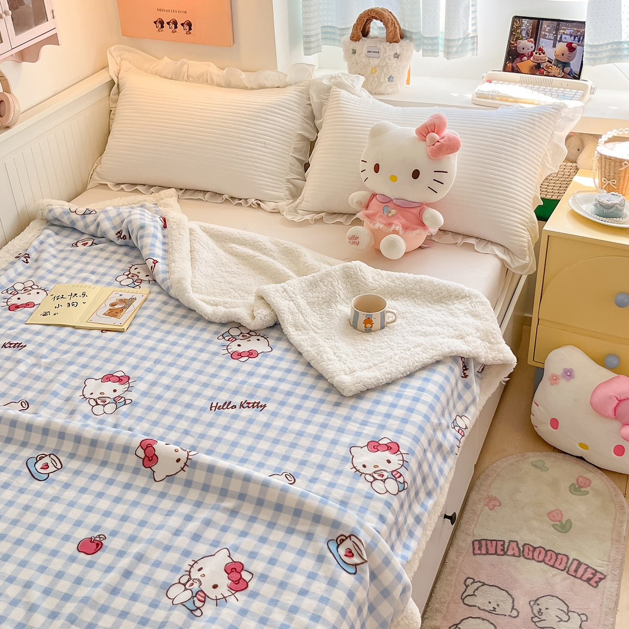 91家纺网 家纺一手货源 找家纺 金爱家 2025新款A类三丽鸥正版授权少女可爱卡通加厚牛奶绒羊羔绒毛毯多功能四季毛毯毯子 绒毛毯-MT三丽鸥蓝格牛奶KT