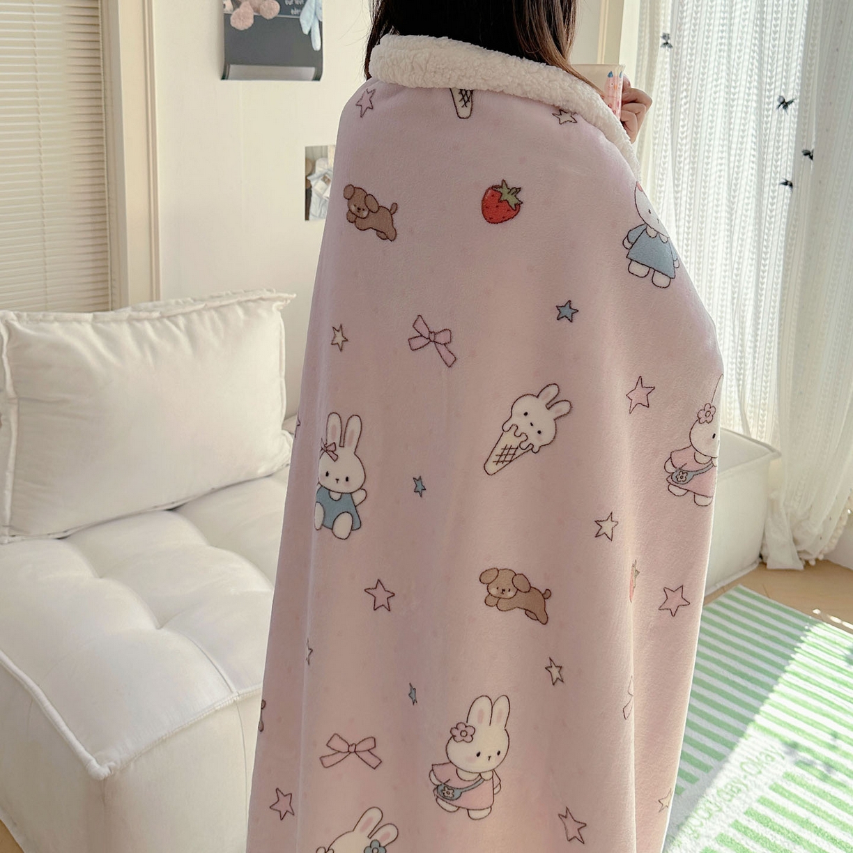 91家纺网 家纺一手货源 找家纺 美乐迪  2025新款牛奶绒羊羔绒毛毯 甜品小兔