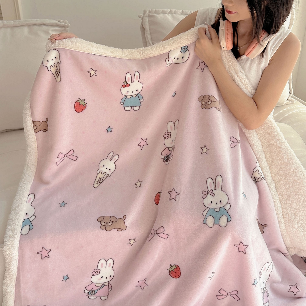 91家纺网 家纺一手货源 找家纺 美乐迪  2025新款牛奶绒羊羔绒毛毯 甜品小兔