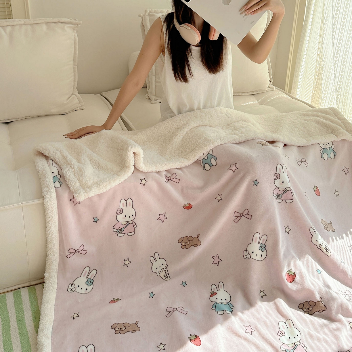 91家纺网 家纺一手货源 找家纺 美乐迪  2025新款牛奶绒羊羔绒毛毯 甜品小兔