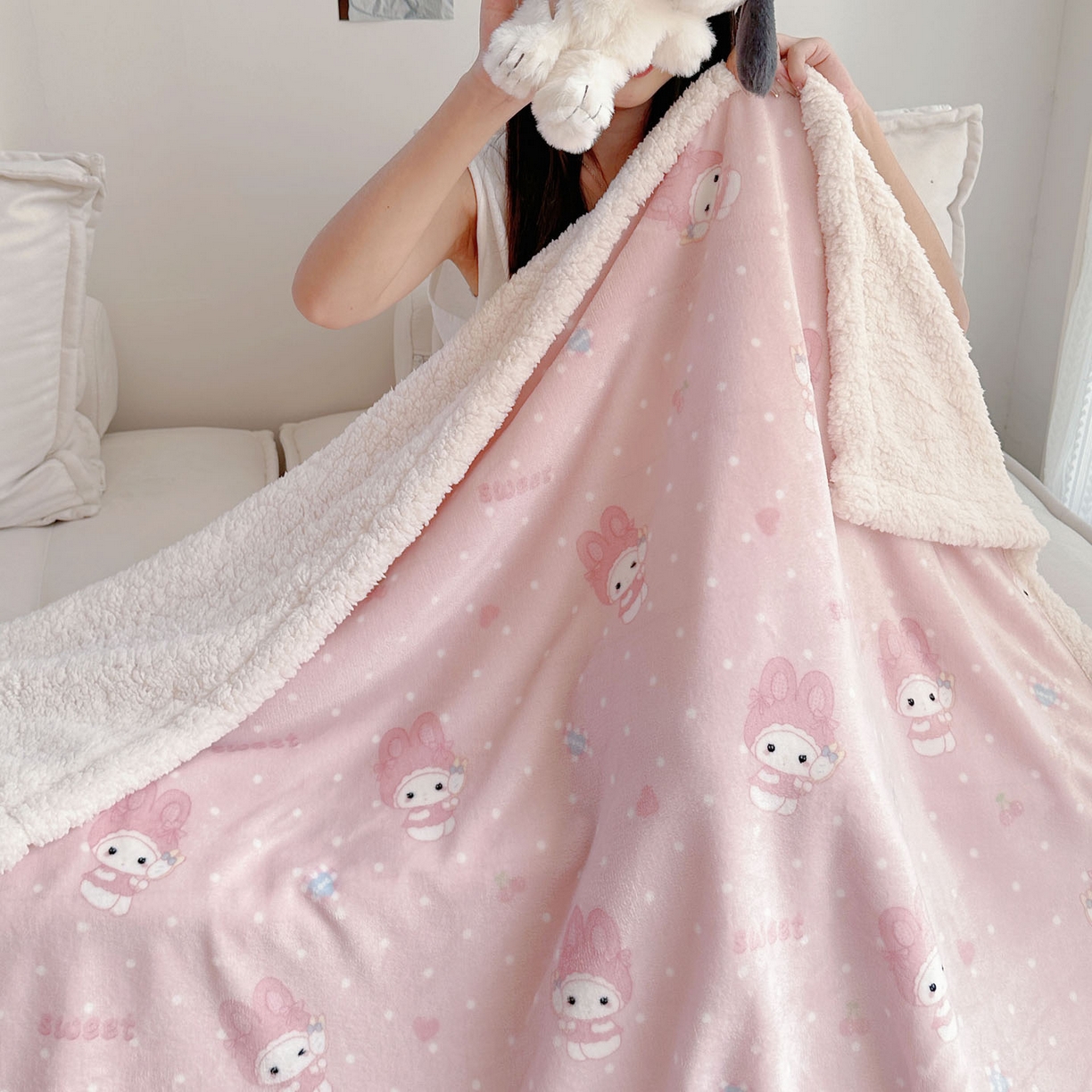 91家纺网 家纺一手货源 找家纺 美乐迪  2025新款牛奶绒羊羔绒毛毯 头套小兔