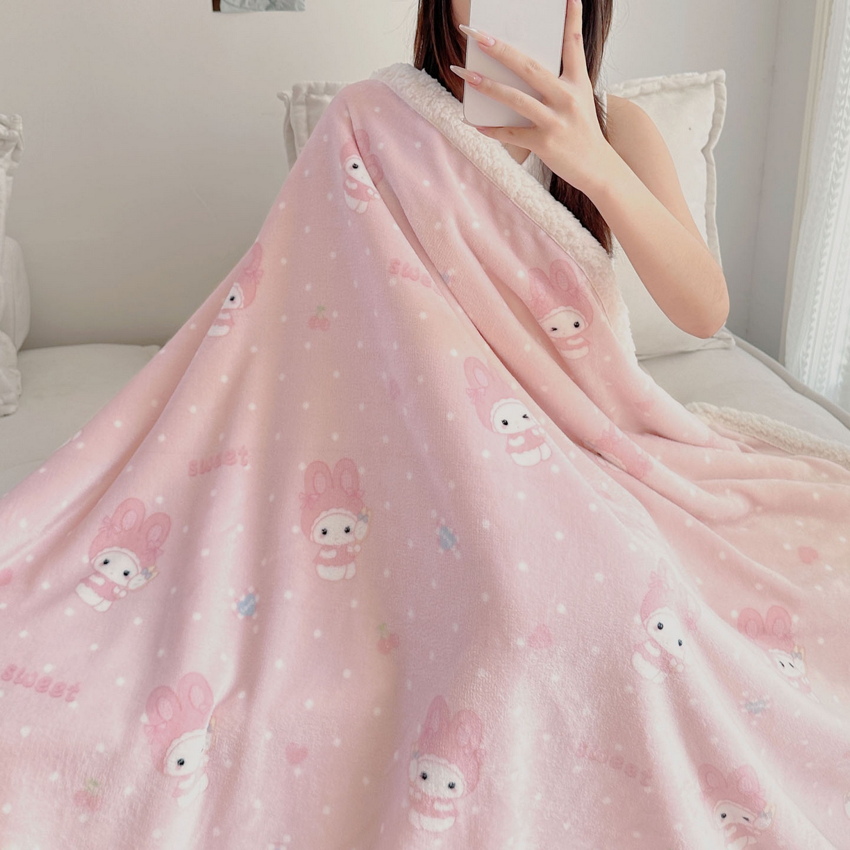 91家纺网 家纺一手货源 找家纺 美乐迪  2025新款牛奶绒羊羔绒毛毯 头套小兔