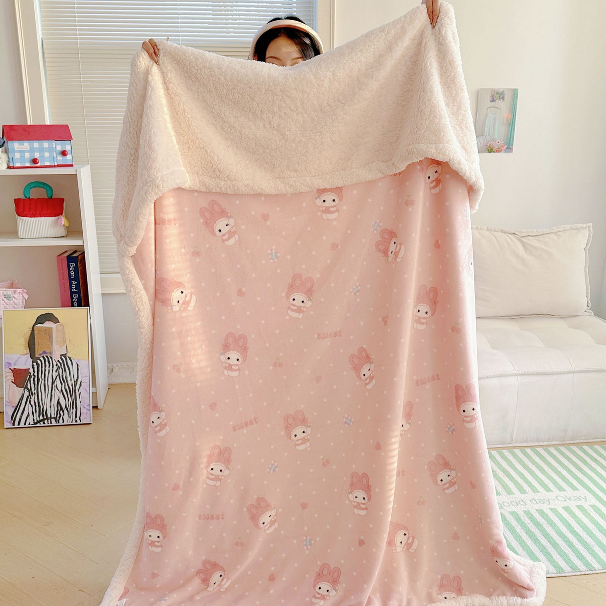 91家纺网 家纺一手货源 找家纺 美乐迪  2025新款牛奶绒羊羔绒毛毯 头套小兔