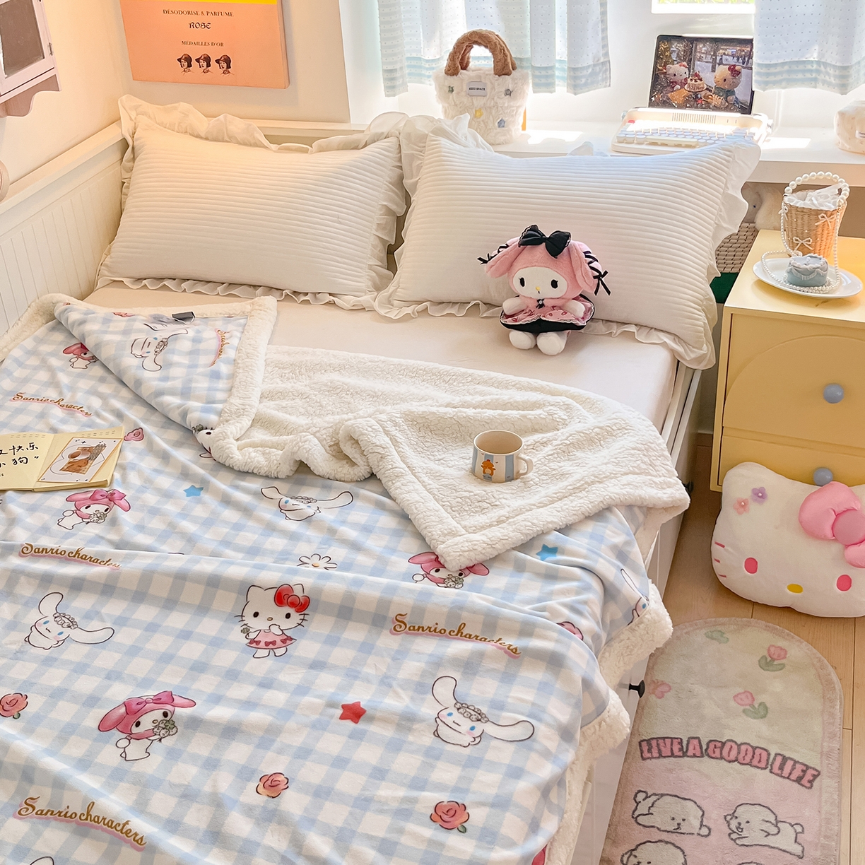 91家纺网 家纺一手货源 找家纺 金爱家 2025新款A类三丽鸥正版授权少女可爱卡通加厚牛奶绒羊羔绒毛毯多功能四季毛毯毯子 绒毛毯-MT三丽鸥梦幻甜心
