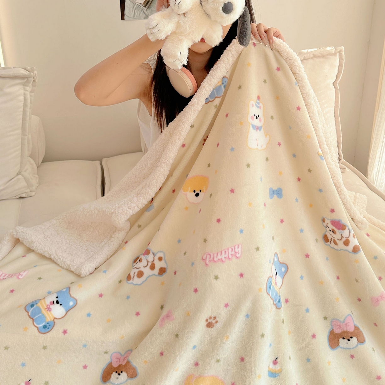 91家纺网 家纺一手货源 找家纺 美乐迪  2025新款牛奶绒羊羔绒毛毯 许愿小狗