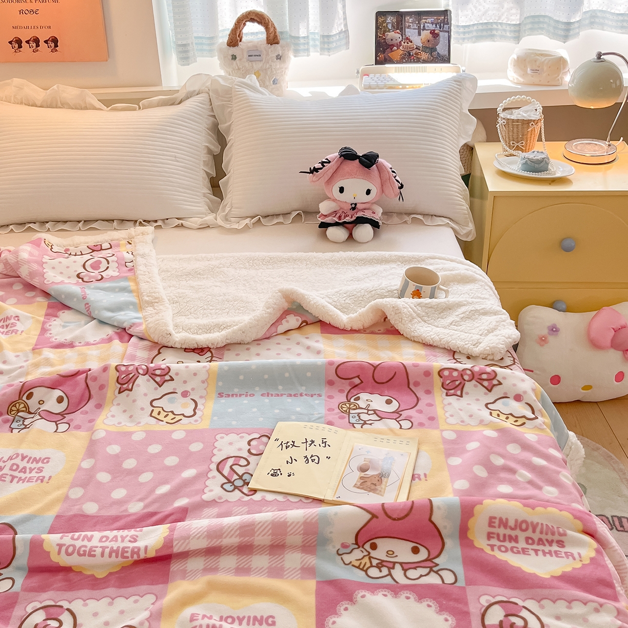 91家纺网 家纺一手货源 找家纺 金爱家 2025新款A类三丽鸥正版授权少女可爱卡通加厚牛奶绒羊羔绒毛毯多功能四季毛毯毯子 绒毛毯-MT三丽鸥糖果甜心