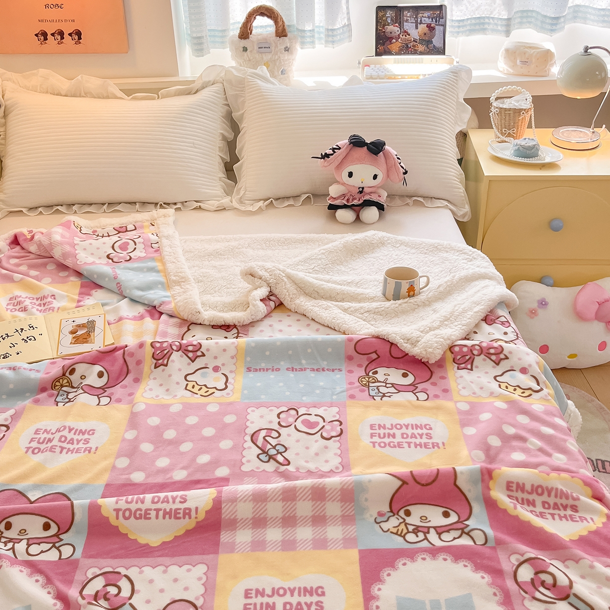 91家纺网 家纺一手货源 找家纺 金爱家 2025新款A类三丽鸥正版授权少女可爱卡通加厚牛奶绒羊羔绒毛毯多功能四季毛毯毯子 绒毛毯-MT三丽鸥糖果甜心