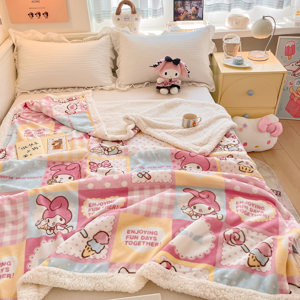 91家纺网 家纺一手货源 找家纺 金爱家 2025新款A类三丽鸥正版授权少女可爱卡通加厚牛奶绒羊羔绒毛毯多功能四季毛毯毯子 绒毛毯-MT三丽鸥糖果甜心
