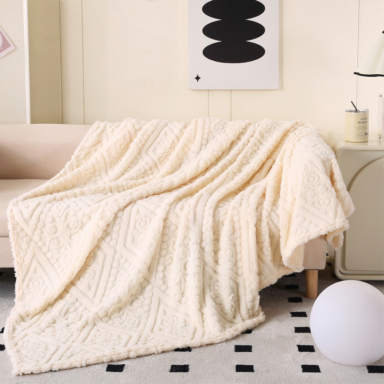 91家纺网 家纺一手货源 找家纺 巴木赫 2025新款如意阁塔芙绒毯子毛毯 白色