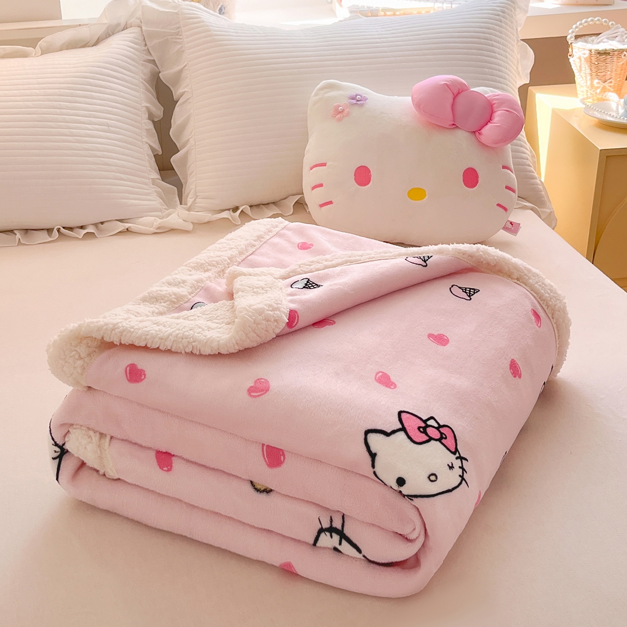 91家纺网 家纺一手货源 找家纺 金爱家 2025新款A类三丽鸥正版授权少女可爱卡通加厚牛奶绒羊羔绒毛毯多功能四季毛毯毯子 绒毛毯-MT三丽鸥甜筒KT粉