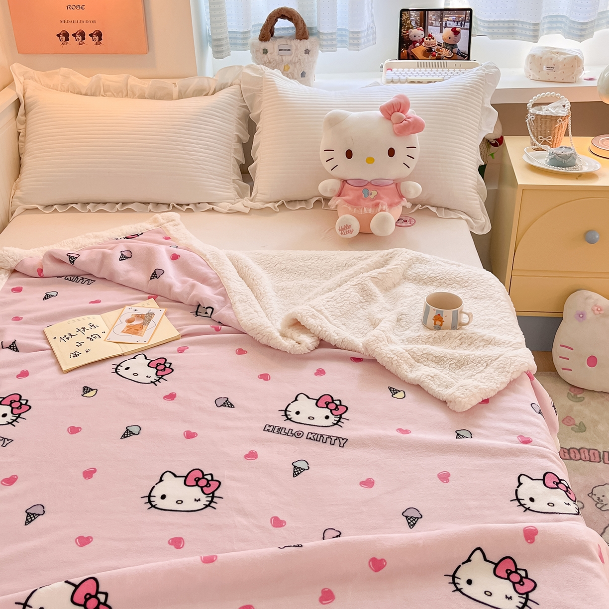 91家纺网 家纺一手货源 找家纺 金爱家 2025新款A类三丽鸥正版授权少女可爱卡通加厚牛奶绒羊羔绒毛毯多功能四季毛毯毯子 绒毛毯-MT三丽鸥甜筒KT粉