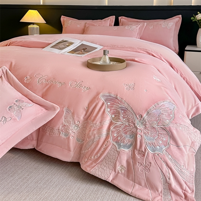 91家纺网 家纺一手货源 找家纺 （总）锦铭源家纺 2025新款75D全消光超柔樱花绒绣花四件套牛奶绒四件套【有买家秀】