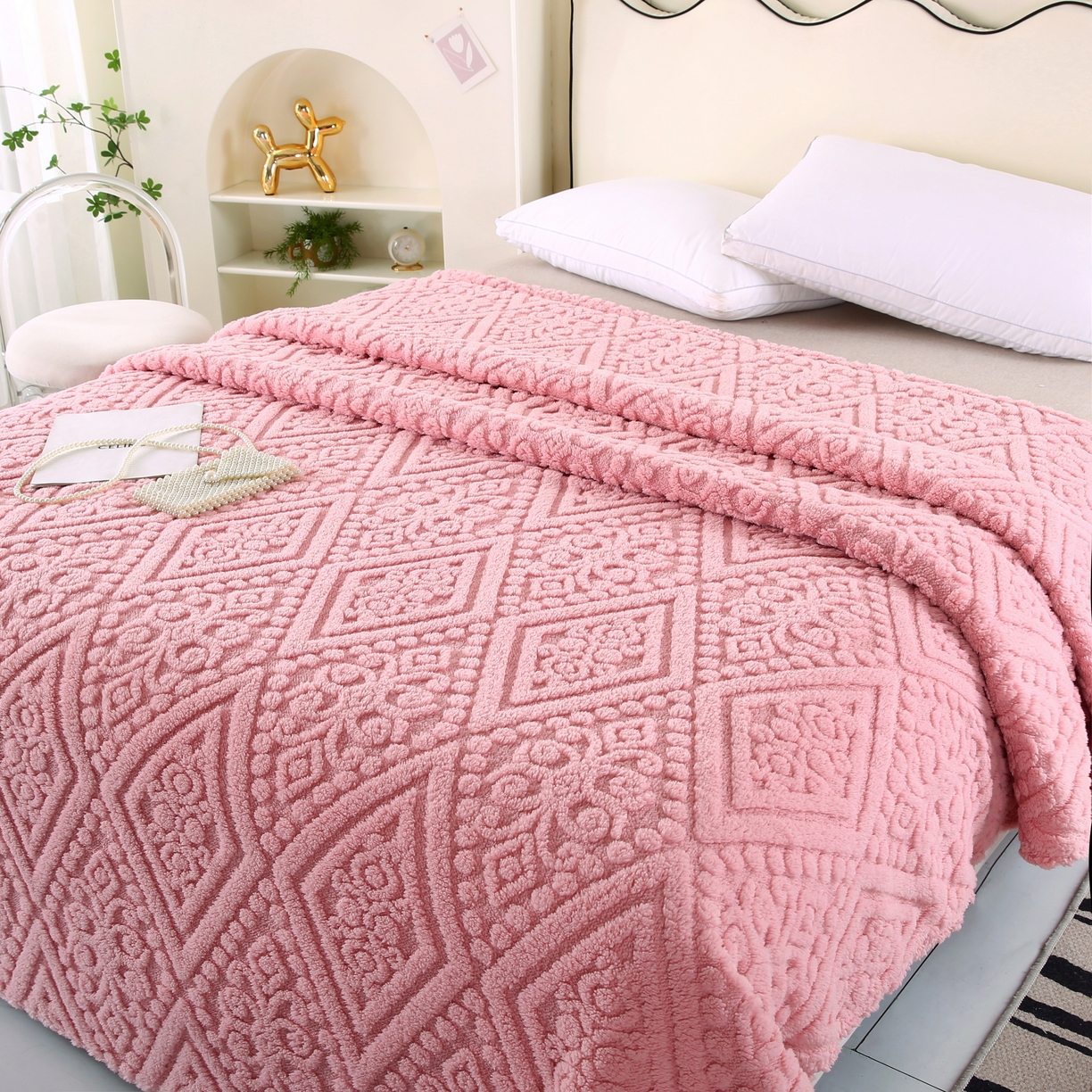 91家纺网 家纺一手货源 找家纺 巴木赫 2025新款如意阁塔芙绒毯子毛毯 粉色